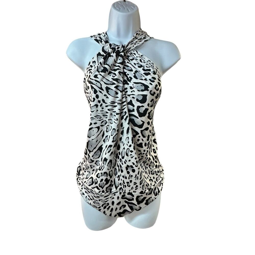 Cache Y2K Leopard Print Cross Front Sleeveless Snap Bodysuit Top Size XL